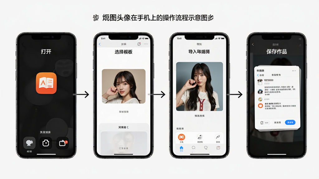 炅图头像在手机上的操作流程示意图,画面展示从打开应用、选择模板、导入照片到保存作品的四个步骤,手机屏幕清晰显示每个步骤的界面,背景简洁,风格直观,细节明了,画质高清,干净无多余元素