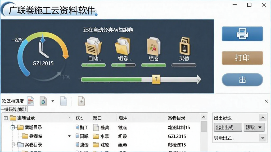 一张展示广联达施工云资料软件GZL2015一键归档功能的图片,画面中央为归档进度界面,显示正在自动分类和组卷,下方为生成的案卷目录列表,右侧有打印和导出按钮,布局为上下结构,风格为软件操作界面截图风格,细节包括进度动画、文件图标、目录树、导出格式选项,画质清晰,干净,无多余元素