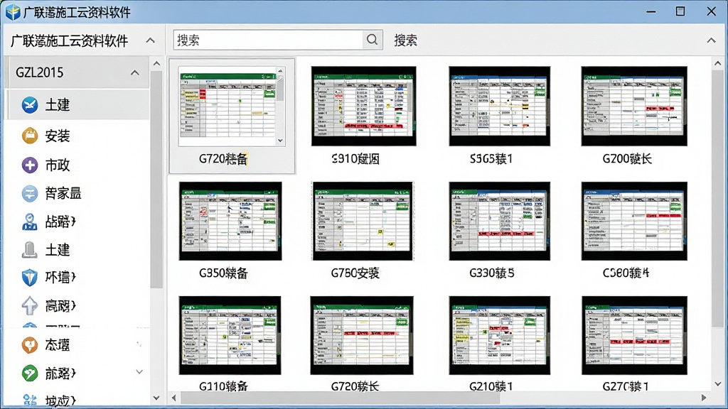 一张展示广联达施工云资料软件GZL2015表格库界面的图片,画面左侧为专业分类导航栏,包含土建、安装、市政等分类标签,右侧为表格缩略图预览网格,每个表格缩略图下方标注表格编号和名称,顶部有搜索框,整体布局为两栏式,风格为软件界面截图风格,细节包括分类图标、表格预览小图、滚动条,画质清晰,干净,无多余元素