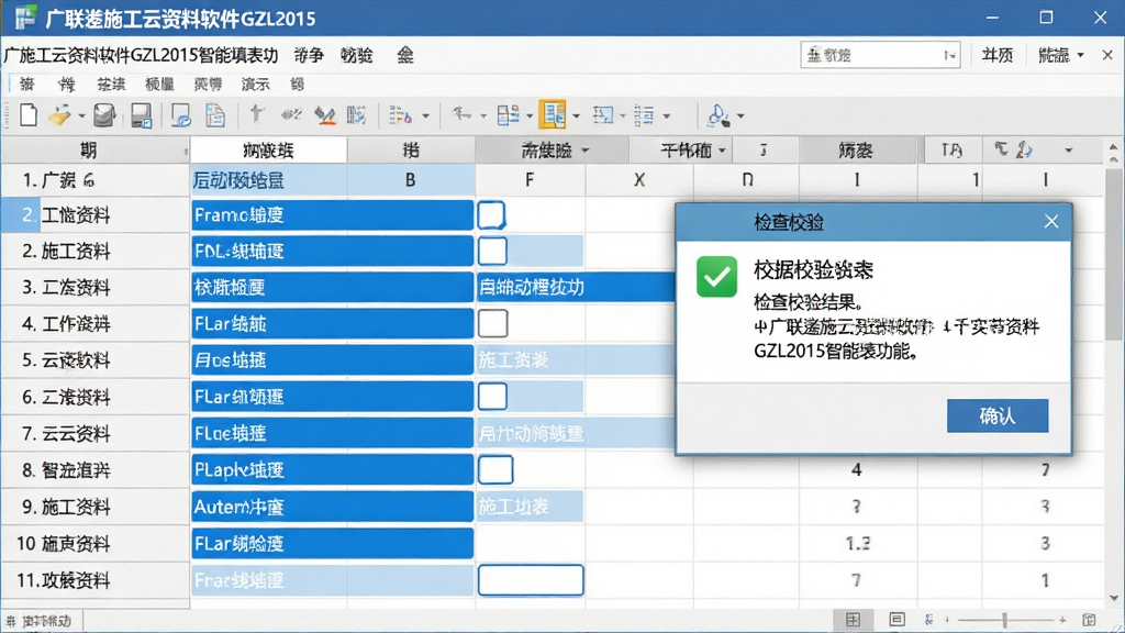 一张展示广联达施工云资料软件GZL2015智能填表功能的图片,画面中央为一张施工资料表格,表格中部分字段已自动填充为蓝色高亮显示,旁边弹出数据校验提示框,提示框内显示检查结果,布局为表格加弹窗,风格为软件功能演示截图风格,细节包括自动填充字段、校验提示图标、确认按钮,画质清晰,干净,无多余元素
