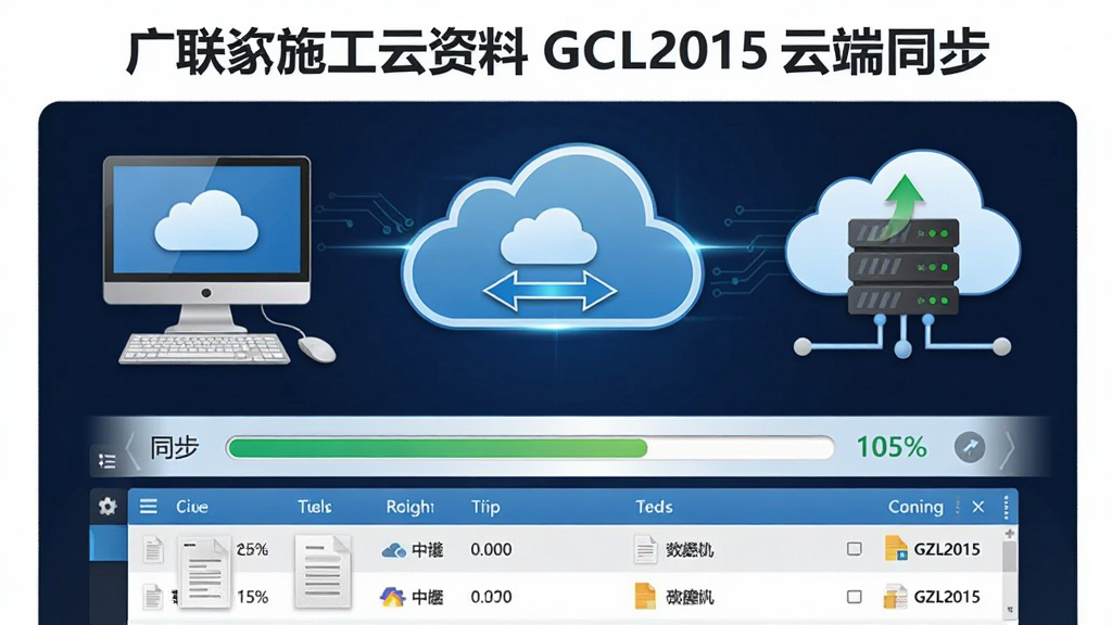 一张展示广联达施工云资料软件GZL2015云端同步功能的图片,画面中央为云同步示意图,左侧为本地电脑图标,右侧为云端服务器图标,中间有双向箭头表示数据同步,下方显示同步进度条和文件列表,布局为左右对称式,风格为科技感信息图风格,细节包括云朵图标、同步箭头、进度百分比、文件缩略图,画质清晰,干净,无多余元素