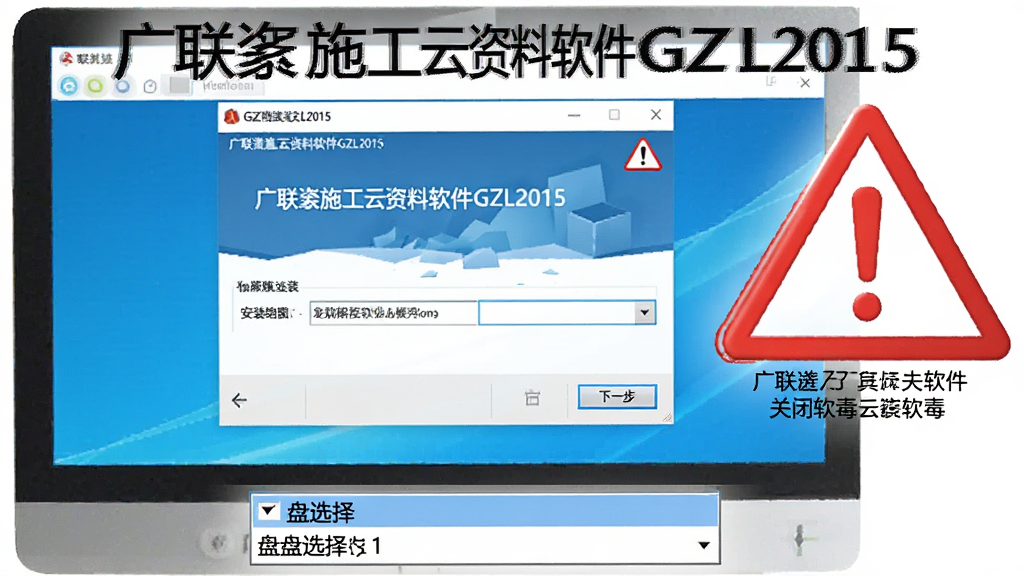 一张展示广联达施工云资料软件GZL2015安装注意事项的图片,画面中央为电脑屏幕显示安装向导界面,旁边有红色警示标志提醒关闭杀毒软件,下方有磁盘选择下拉菜单,布局为上下结构,风格为教程示意图风格,细节包括警示图标、安装路径输入框、下一步按钮,画质清晰,干净,无多余元素