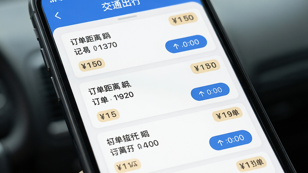 中交出行起步司机应用中的智能派单界面,画面主体为手机屏幕显示多个订单卡片列表,布局为纵向排列,排版整齐,风格为扁平化设计,细节包括订单距离、价格标签、抢单按钮、时间倒计时,画质高清,干净,无多余元素