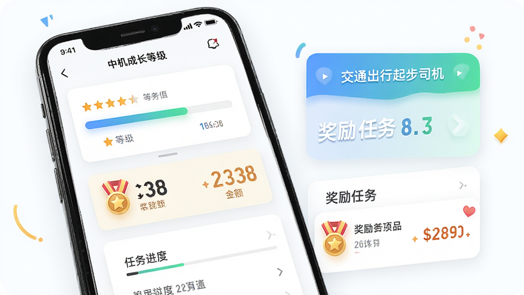 中交出行起步司机应用中的司机成长等级页面,画面主体为手机屏幕显示等级进度条和奖励任务列表,布局为卡片式排列,排版活泼,风格为激励型设计,细节包括星级评分、勋章图标、任务进度、奖励金额,画质高清,干净,无多余元素
