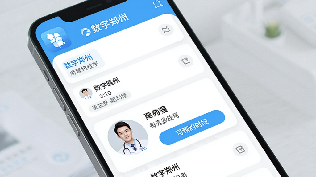 ����֣��ҽ�ƽ���������棬����Ϊ�ֻ���Ļ����ʾҽԺԤԼ�Һ�ҳ�棬���������б���ҽ��ͷ�񡢿�ԤԼʱ��ΰ�ť�����ֲ����б��뿨Ƭ��ϣ����Ϊ����ҽ�Ʒ磬ϸ�ڰ�����ɫ����������ɫ��׺����������˵����