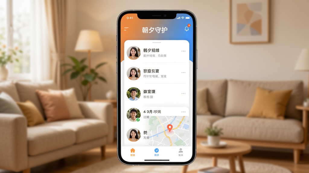 画面中央是一部智能手机,屏幕上显示着“朝夕守护”应用的主界面,界面以温暖的橙蓝色调为主,展示着家庭成员的头像列表和定位地图卡片,背景是柔和的家居环境虚化,整体风格温馨简洁,画质清晰干净,无多余元素