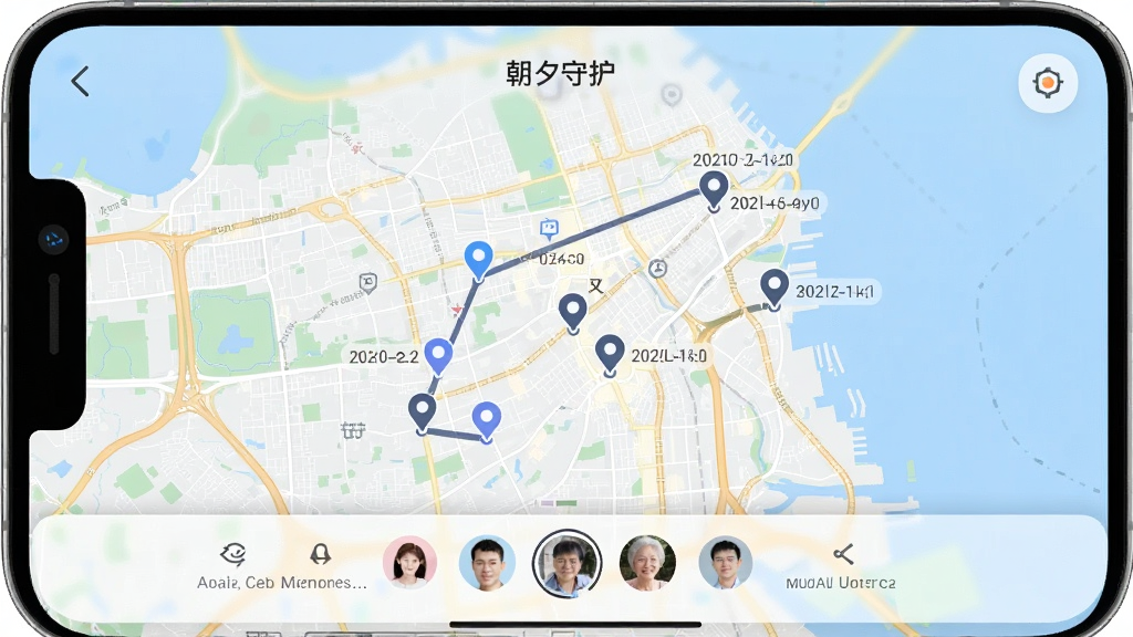 一张手机屏幕截图风格的图片,画面中“朝夕守护”应用显示着一张城市地图,地图上有多个标记点连接成一条移动轨迹,轨迹旁边有日期标签,界面底部有家人头像切换栏,整体布局清晰,风格现代简约,画质干净无杂乱元素