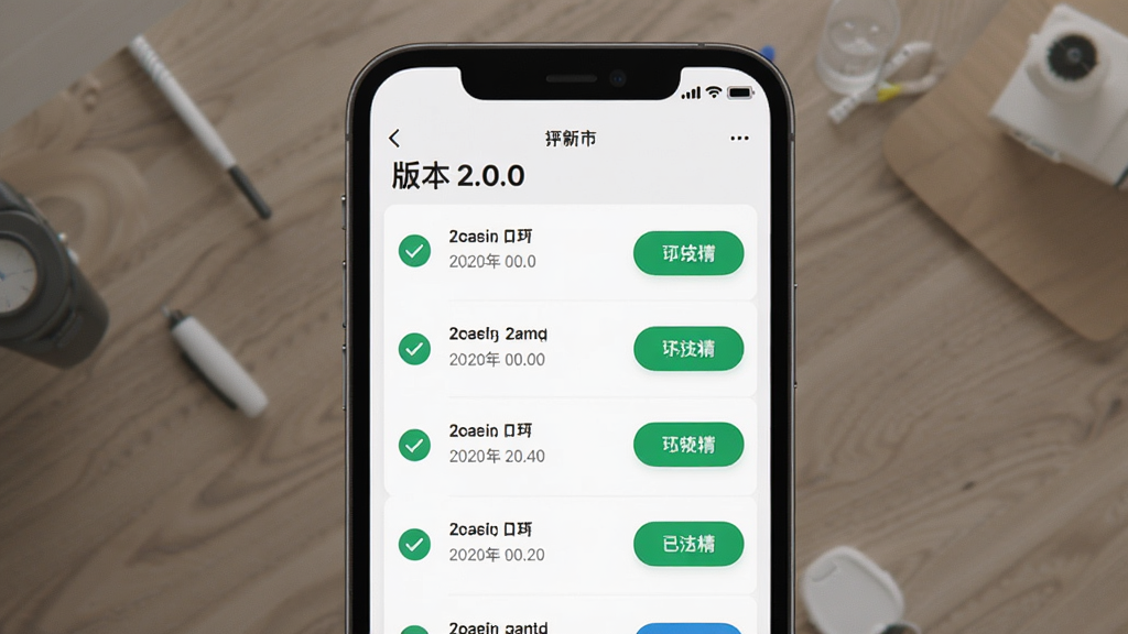 波音猫版本更新概念图,主体为手机屏幕显示更新日志界面,布局为列表形式,上方有“版本 2.0.0”字样,排版清晰,风格为现代扁平化,细节包括绿色更新按钮、对勾图标、日期标签,画质高清,干净,无多余元素