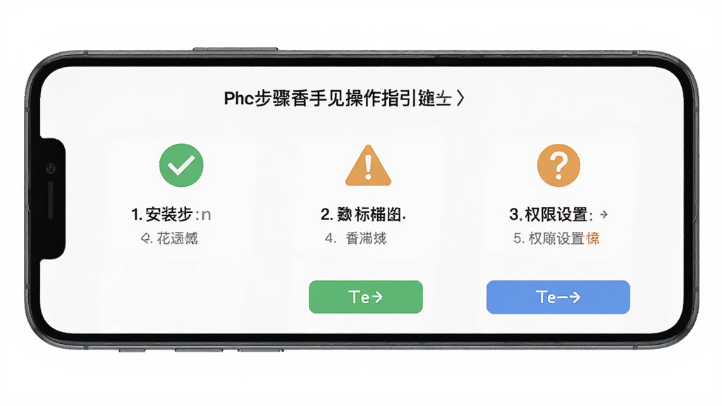 香见新手操作指引界面,手机屏幕中展示安装步骤和权限设置提示,主体为一部智能手机,布局为分步图示,排版直观易懂,风格扁平化设计,细节包括勾选图标、警告标识、下一步按钮,画质高清,画面干净,无多余元素