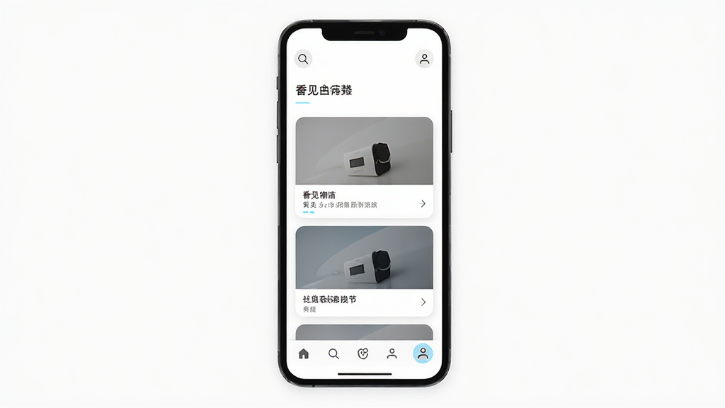 香见简洁界面展示,手机屏幕中呈现极简风格的功能入口和内容卡片,主体为一部智能手机,布局为留白较多的清爽排版,风格现代极简,细节包括底部导航栏、搜索图标、个人中心入口,画质高清,画面干净,无多余元素