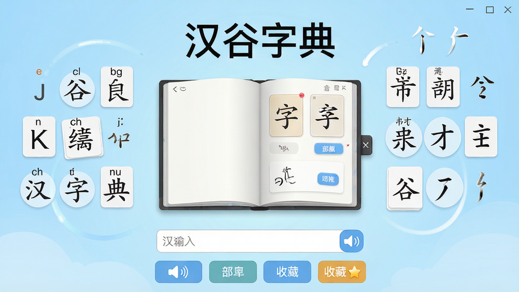 汉谷字典软件主界面展示,画面中央是一本打开的电子字典,周围环绕着拼音字母、部首偏旁和汉字笔画元素,背景为浅蓝色渐变,整体风格清新简洁,布局为居中构图,排版上方为软件名称“汉谷字典”,下方为查询输入框和功能按钮,细节包括汉字卡片、发音图标和收藏星标,画质清晰,干净,无多余元素