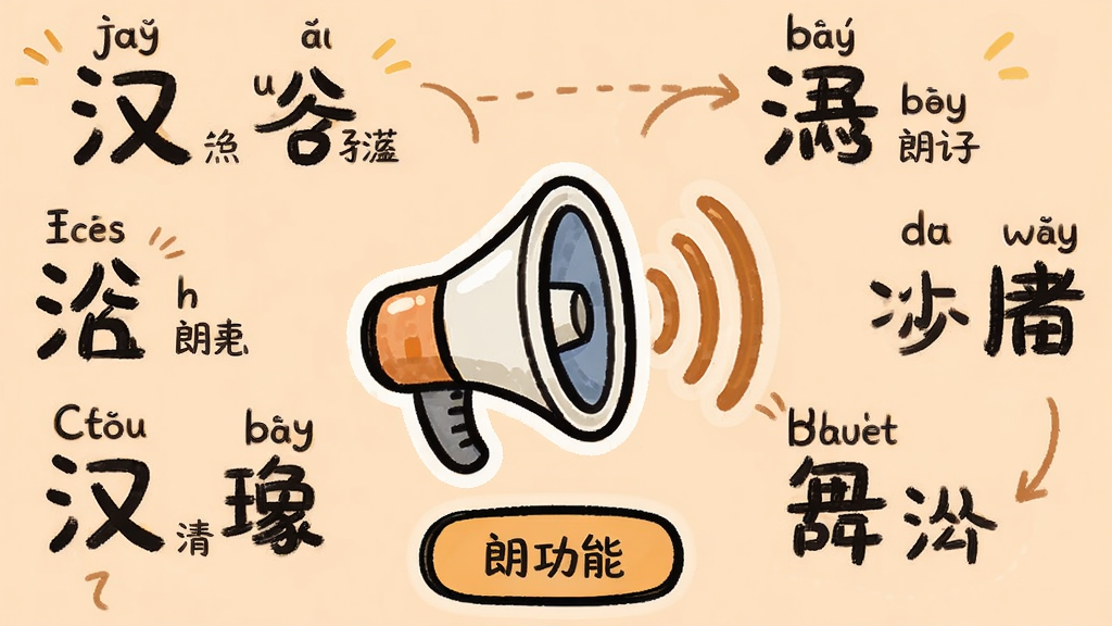 汉谷字典发音朗读功能展示,画面中央为一个喇叭图标和声波纹理,周围环绕汉字和拼音标注,背景为淡橙色,布局为居中构图,排版活泼,风格为卡通手绘,细节包括多音字标注和发音按钮,画质清晰,干净,无多余元素