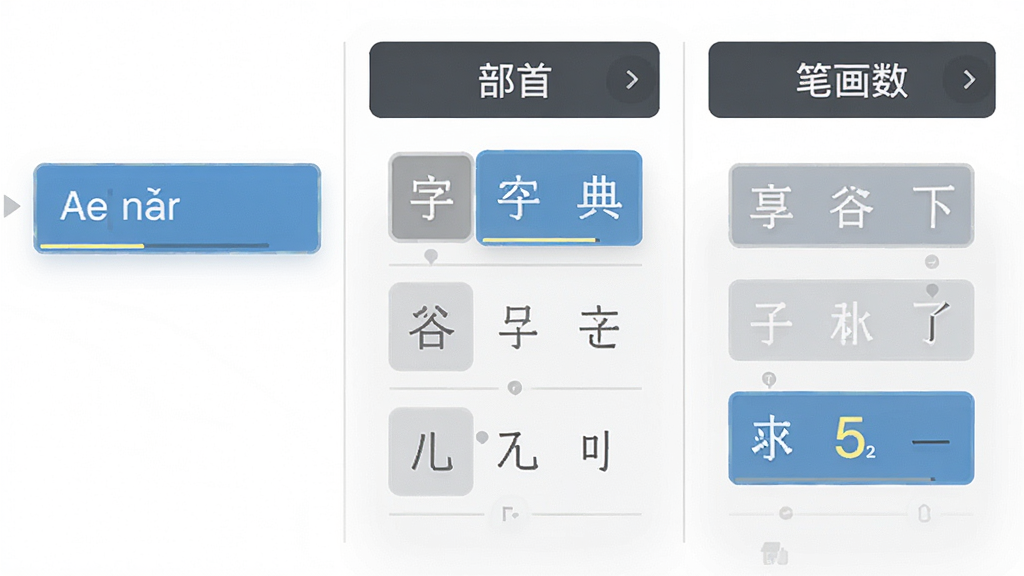 汉谷字典多维度检索功能展示,画面左侧为拼音输入框,中间为部首选择面板,右侧为笔画数选择区域,背景为白色,布局为三栏并列,排版整齐,风格为扁平化设计,细节包括高亮选中的部首和笔画数字,画质清晰,干净,无多余元素