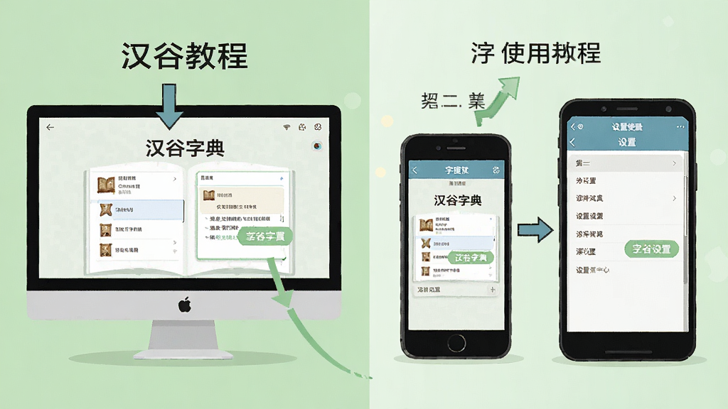 汉谷字典使用教程示意图,画面为电脑屏幕和手机屏幕并排展示,屏幕上分别显示字典查询界面和设置菜单,背景为浅绿色,布局为左右对比,排版清晰,风格为扁平化教程风格,细节包括箭头指示和操作步骤标注,画质清晰,干净,无多余元素