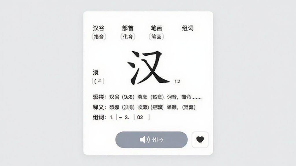汉谷字典汉字详情页面展示,画面中央为一个汉字“汉”的详细释义卡片,卡片内包含拼音、部首、笔画、释义、组词等模块,背景为浅灰色,布局为上下结构,排版清晰,风格为卡片式设计,细节包括发音按钮和收藏图标,画质清晰,干净,无多余元素