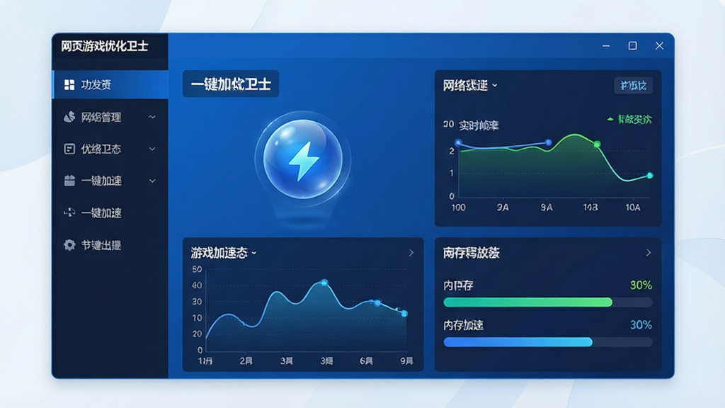 一张展示网页游戏优化卫士软件界面的全景图,主体为软件主窗口,布局左侧为功能导航栏,右侧显示游戏加速状态与网络延迟数据面板,排版简洁清晰,风格为现代科技蓝配色,细节包含悬浮加速球、实时帧率曲线、内存释放进度条,画面中文字标注“网页游戏优化卫士”与“一键加速”,画质高清,干净,无多余元素