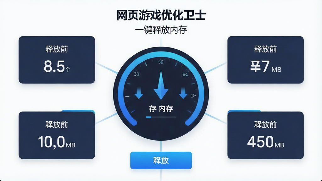 一张展示网页游戏优化卫士内存释放功能的界面图,主体为内存占用环形进度图与释放按钮,布局中央为圆形内存仪表盘,周围环绕释放前后的数值对比卡片,排版采用中心辐射式,风格为清爽极简风,细节包含渐变蓝色进度环、向下箭头、MB单位数值,画面中文字标注“网页游戏优化卫士”与“一键释放内存”,画质清晰,干净,无多余元素