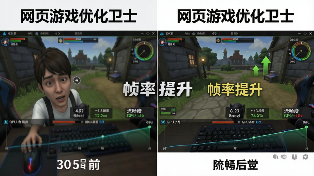一张展示网页游戏优化卫士画质优化效果的对比图,主体为同一游戏画面在优化前后的帧率对比,布局左侧为优化前卡顿画面与低帧率数值,右侧为优化后流畅画面与高帧率数值,排版采用左右分屏对比,风格为游戏界面写实风,细节包含帧率计数器、GPU占用率标签、流畅度曲线,画面中文字标注“网页游戏优化卫士”与“帧率提升”,画质高清,干净,无多余元素
