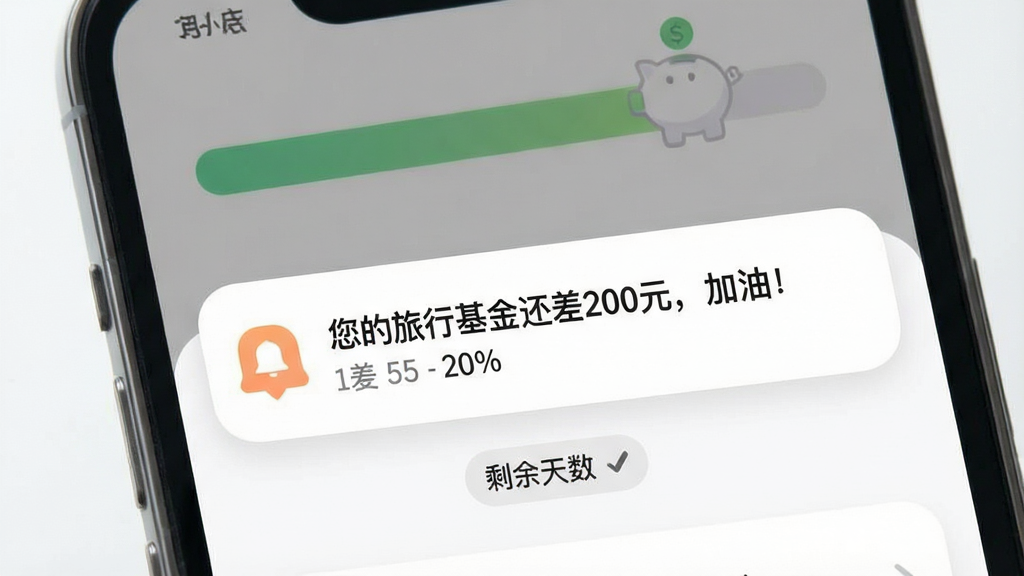 һ���������ѹ��ܵĴ�Ǯ��Ӧ�ý��棬�������ֻ���Ļ��ʾһ��֪ͨ������������л��𻹲�200Ԫ�����ͣ���������Ϊ��Ǯ�޽�����������Ϊ���½ṹ���Ű��࣬���Ϊ���Բ�ǿ�Ƭʽ��ƣ�ϸ�ڰ���֪ͨͼ�ꡢ���Ȱٷֱȡ�ʣ��������ǩ�����ʸ��壬�ɾ����޶���Ԫ��