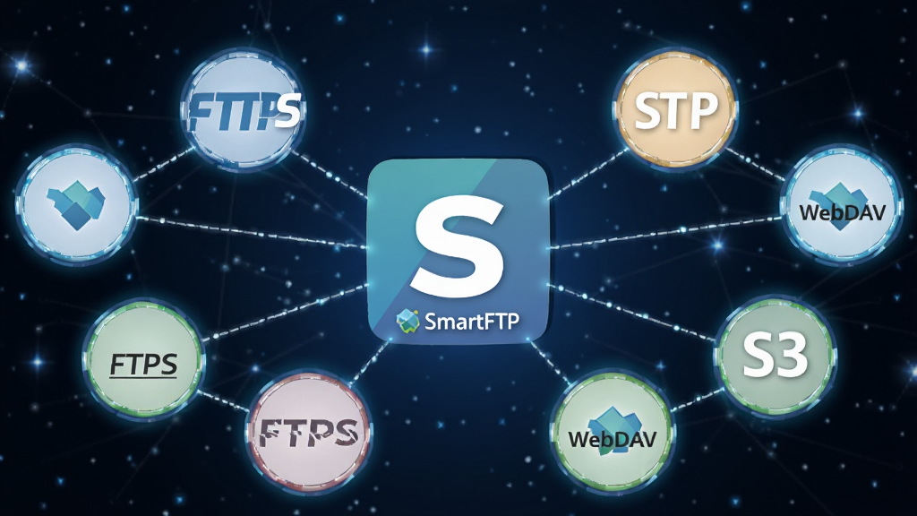 һ������廭������������SmartFTP����ͼ�꣬ͼ����Χ������FTP��FTPS��SFTP��WebDAV��S3��Э���ʶ�ķ�����£������������γ��������˽ṹ������Ϊ����ɫ�����ǿգ����Ƽ���ʮ�㣬�Ű���жԳƣ����ʸɾ��������޶���װ��Ԫ��