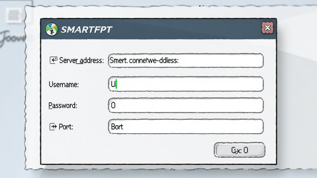 һ��SmartFTP���������򵼽���Ľ�ͼ����ͼ������չʾһ�����ĶԻ��򴰿ڣ��ں���������ַ���û��������롢�˿ڵ�����򣬴��ڱ�������SmartFTP��־������Ϊ�ɾ���ǳɫ���棬��������࣬�����������޶���Ԫ��