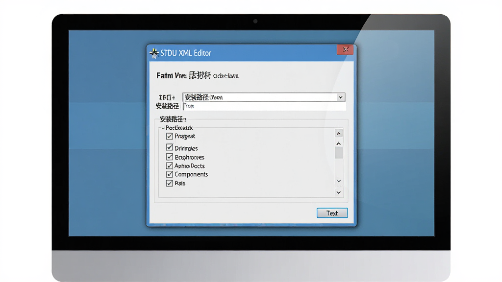 STDU XML Editor 使用教程示意图,主体为电脑屏幕显示软件安装向导与选项设置界面,布局为居中窗口,排版简洁,风格为教学指导风,细节包括安装路径选择框、组件勾选列表、下一步按钮,画质高清,画面干净,无多余元素。