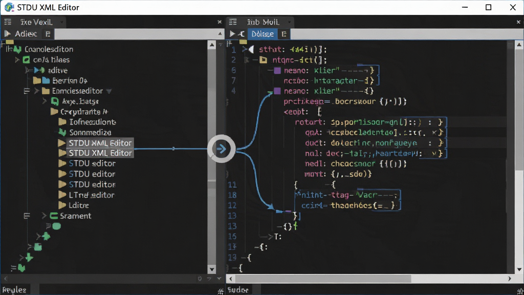STDU XML Editor 双视图编辑功能展示,主体为软件界面左右分栏,左侧树形节点展开,右侧代码高亮显示,布局对称,排版清晰,风格为科技简约风,细节包括同步箭头标识、彩色语法高亮、节点连接线,画质高清,画面干净,无多余元素。