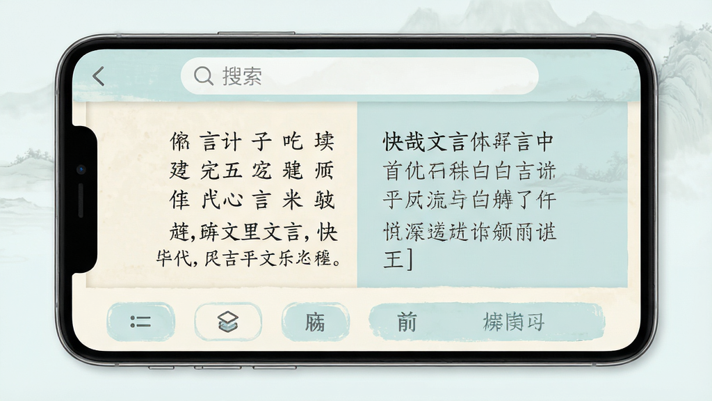 一张展示快哉文言文软件主界面的手机屏幕截图,画面中央是干净简洁的古风阅读界面,上方有搜索栏,中间展示文言文原文与白话翻译对照排版,底部有功能按钮,整体色调为米白色与淡青色搭配,风格清新素雅,细节清晰,画质高清,干净,无多余元素