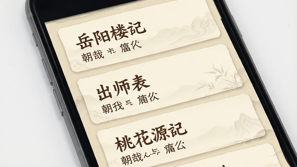 一部手机屏幕展示快哉文言文篇目列表页面,列表中排列着多篇经典文言文标题,如“岳阳楼记”“出师表”“桃花源记”等,每篇标题下方有小字标注朝代与作者,界面采用卡片式布局,米白色背景配深棕色文字,风格古典雅致,画质高清,干净,无多余元素
