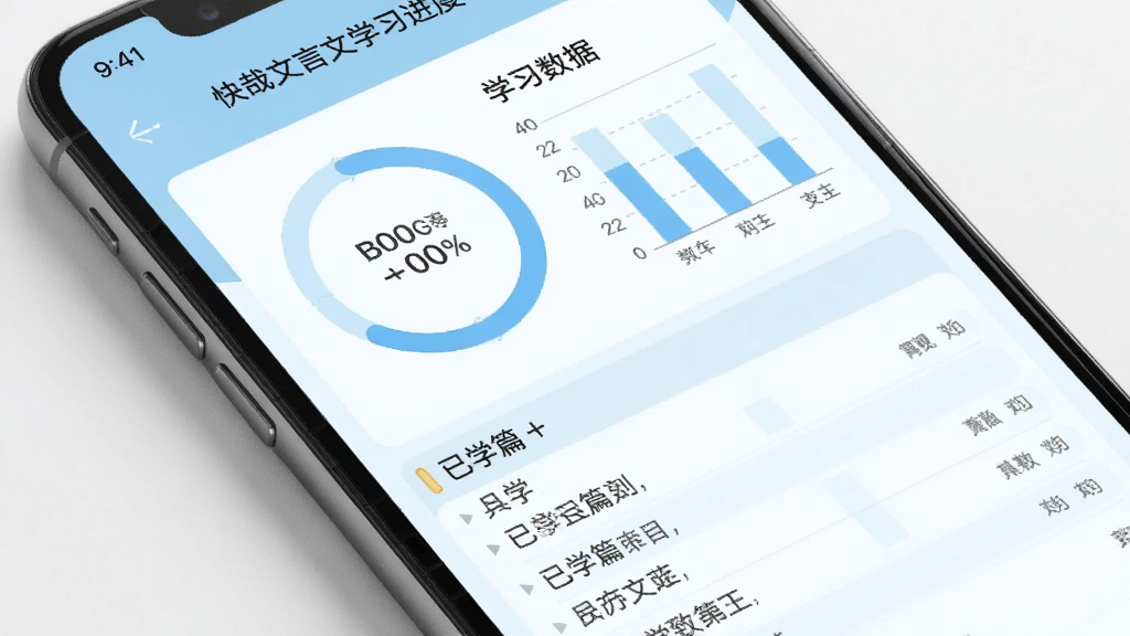 手机屏幕展示快哉文言文学习进度统计页面,画面中有环形进度图表和柱状图展示学习数据,下方列出已学篇目列表,界面采用浅蓝色与白色搭配,风格清新简洁,画质高清,干净,无多余元素