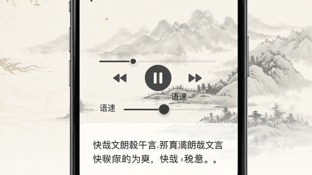 手机屏幕展示快哉文言文朗读播放界面,画面中有播放控制按钮、进度条和语速调节滑块,背景浮现淡雅的水墨山水图案,界面下方显示正在朗读的文言文句子,整体风格清雅宁静,画质高清,干净,无多余元素