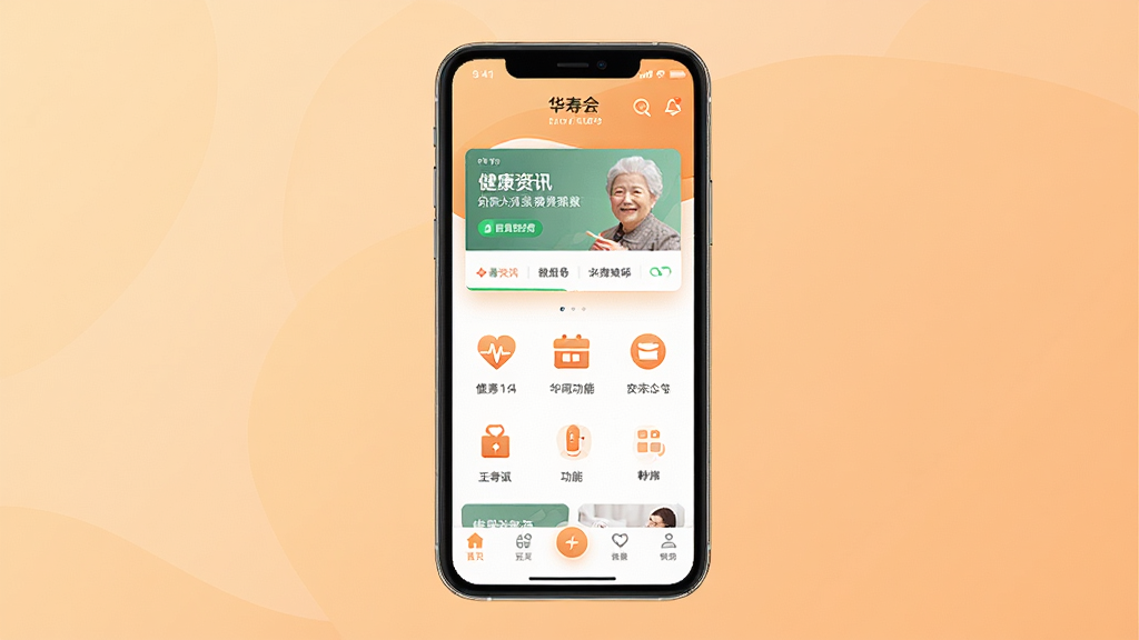 华寿会手机应用主界面展示,画面中央是一部智能手机,屏幕显示华寿会APP首页,包含健康资讯卡片、功能图标和底部导航栏,背景为温暖柔和的浅橙色渐变,排版简洁清晰,风格现代扁平化,细节精致,画质高清,干净无多余元素