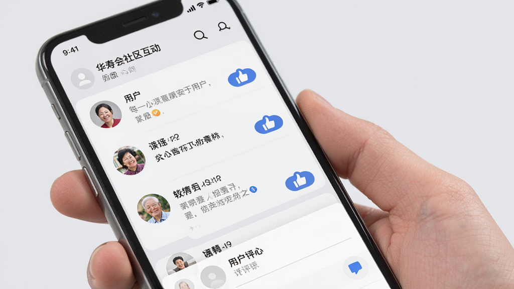 华寿会社区互动界面,手机屏幕展示用户动态列表和评论区,包含头像、文字内容和点赞按钮,背景为浅灰色,排版社交化,风格亲切友好,画质高清,干净无多余元素