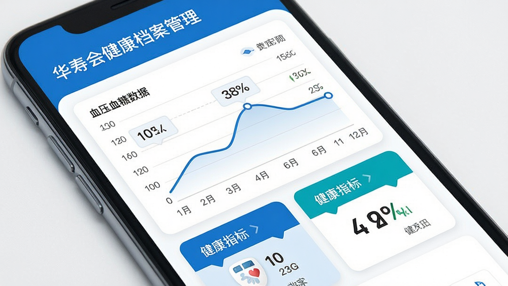 华寿会健康档案管理界面,手机屏幕展示血压血糖数据折线图和健康指标卡片,界面配色以蓝白为主,图表清晰,布局规整,风格专业简洁,画质高清,干净无多余元素