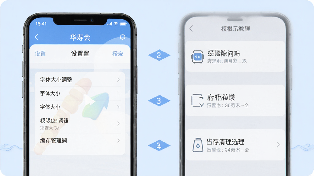 华寿会安卓版使用教程示意图,手机屏幕展示设置菜单和权限管理界面,包含字体大小调整和缓存清理选项,背景为浅蓝色,排版步骤化,风格清晰易懂,画质高清,干净无多余元素