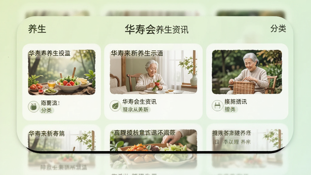 华寿会养生资讯页面,手机屏幕显示多篇养生文章卡片,包含标题、配图和分类标签,背景为淡绿色渐变,排版清新自然,风格温和舒适,画质高清,干净无多余元素