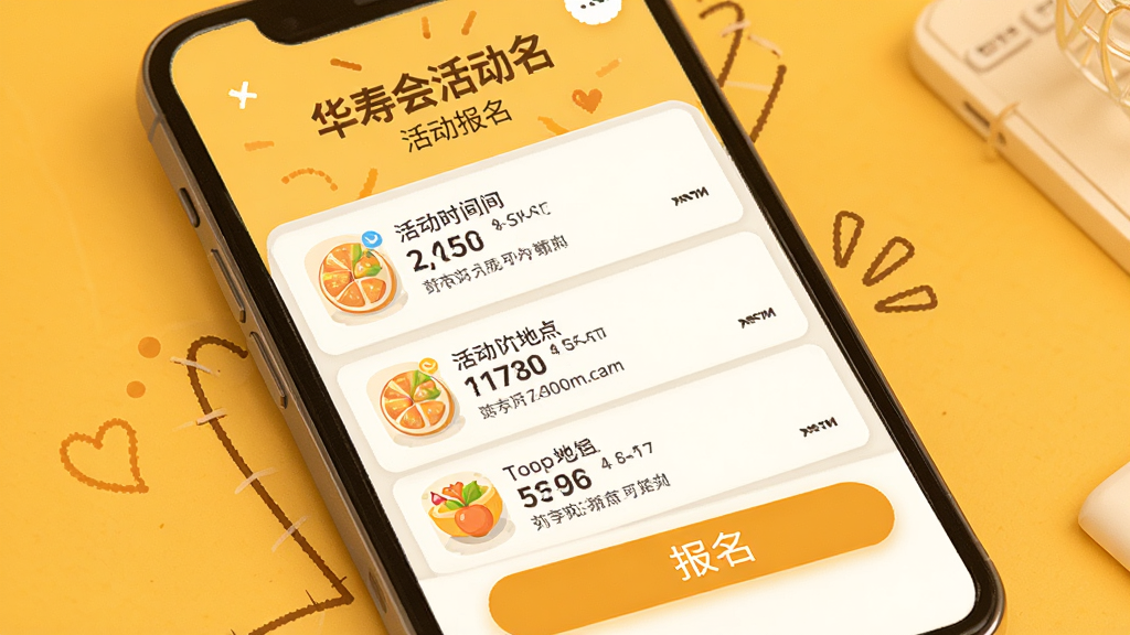 华寿会活动报名页面,手机屏幕显示活动列表和报名按钮,包含活动时间地点信息,背景为暖黄色调,排版清晰明了,风格活力温馨,画质高清,干净无多余元素