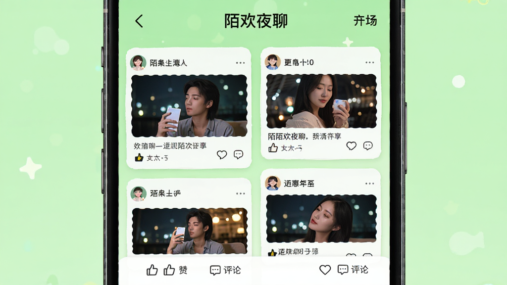 手机屏幕显示“陌欢夜聊”动态广场页面,画面中有多条用户动态卡片,包含图片和文字,底部有点赞评论图标,背景为清新的浅绿色,风格明快,布局整齐,细节丰富,画质清晰,干净无多余元素