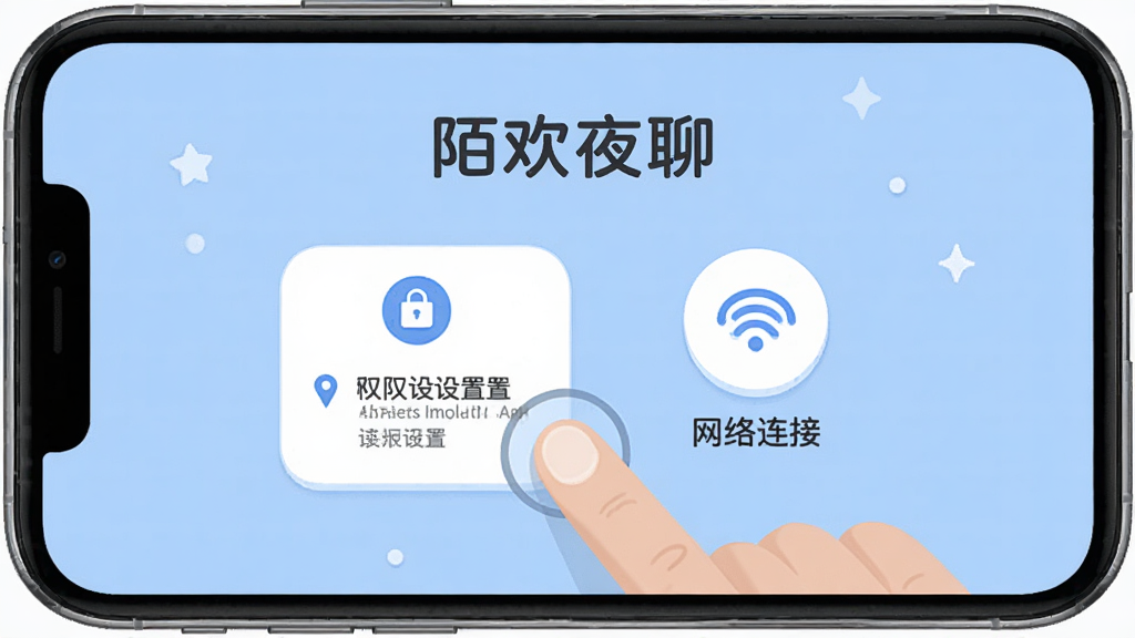 手机屏幕显示“陌欢夜聊”的新手引导页面,画面中有手指点击屏幕的示意图,旁边有权限设置和网络连接的图标,背景为浅蓝色,风格友好易懂,布局清晰,细节丰富,画质清晰,干净无多余元素