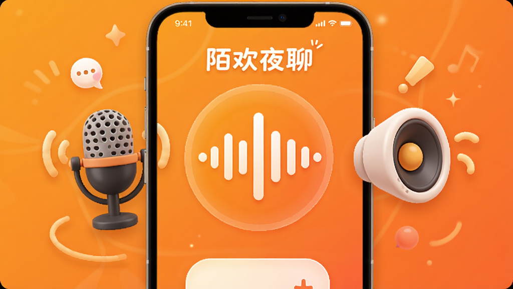 展示“陌欢夜聊”语音聊天功能的界面,手机屏幕中央有一个声波图标,周围环绕着麦克风和扬声器元素,背景为温暖的橙色渐变,风格活泼友好,布局简洁,细节清晰,画质优良,干净无多余元素