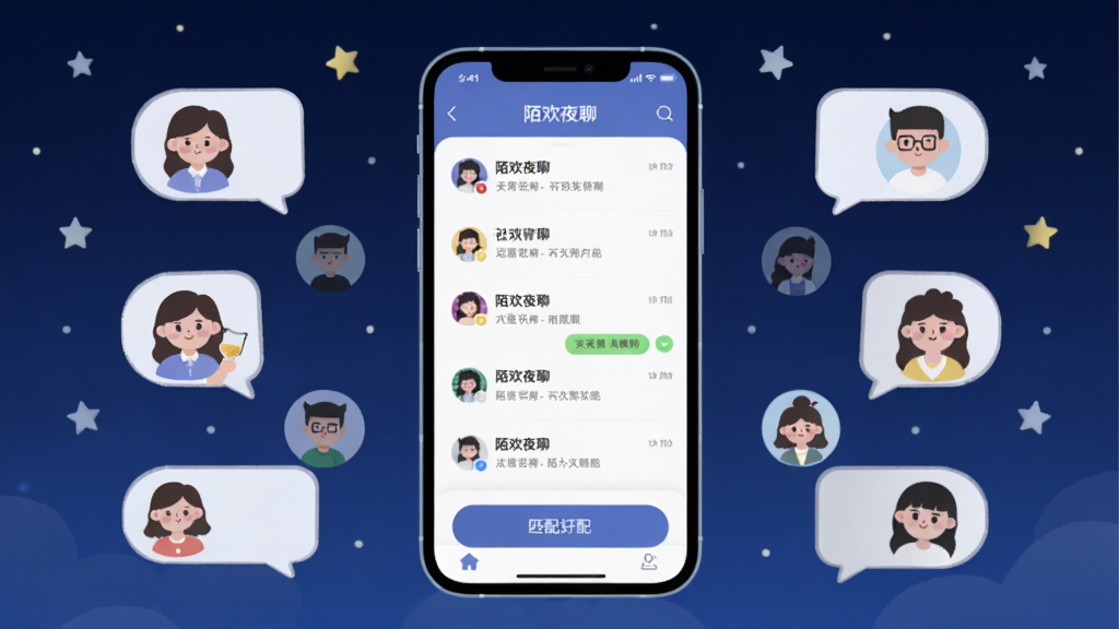 一款名为“陌欢夜聊”的手机社交应用界面展示,画面中央是手机屏幕,屏幕内显示聊天列表和匹配按钮,周围环绕着代表不同用户的卡通头像气泡,背景是深蓝色夜空和星星,整体风格清新简约,布局居中对称,细节丰富,画质清晰,干净无多余元素