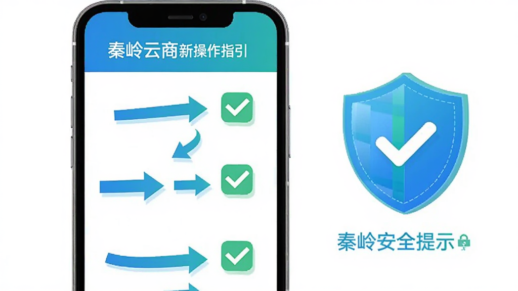 秦岭云商新手操作指引示意图,画面展示一部手机屏幕,屏幕内呈现分步操作箭头和勾选标记,旁边有盾牌图标代表安全提示,风格简洁明快,配色以蓝绿为主,细节清晰,画质干净,无多余元素