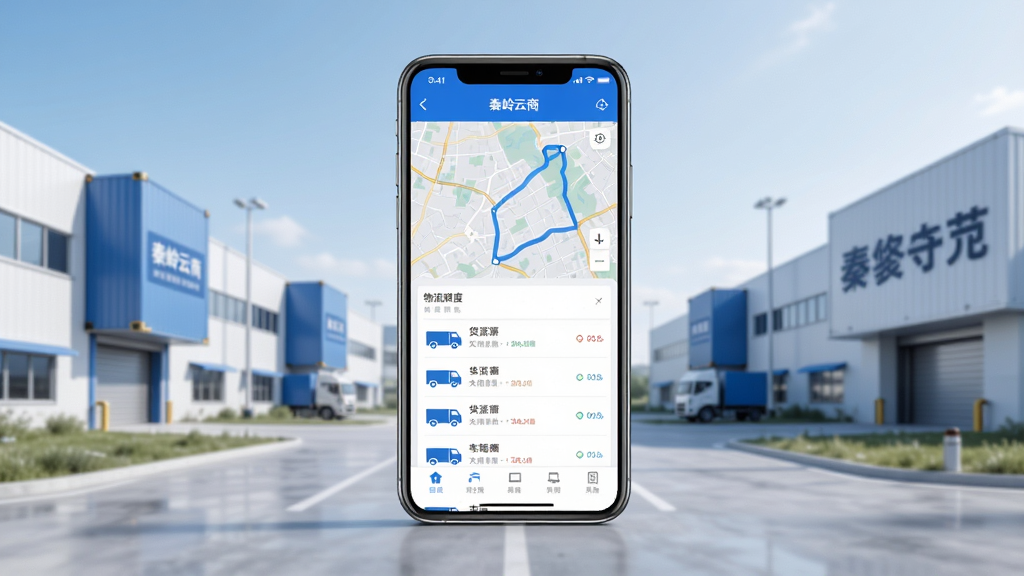 一张展示秦岭云商移动端应用界面的概念图,画面中央是一部智能手机,屏幕显示物流调度信息面板,包含地图轨迹、货源列表和车辆图标,背景为简洁的现代物流园区环境,整体采用蓝白配色,风格商务科技感,细节清晰,画质干净,无多余元素