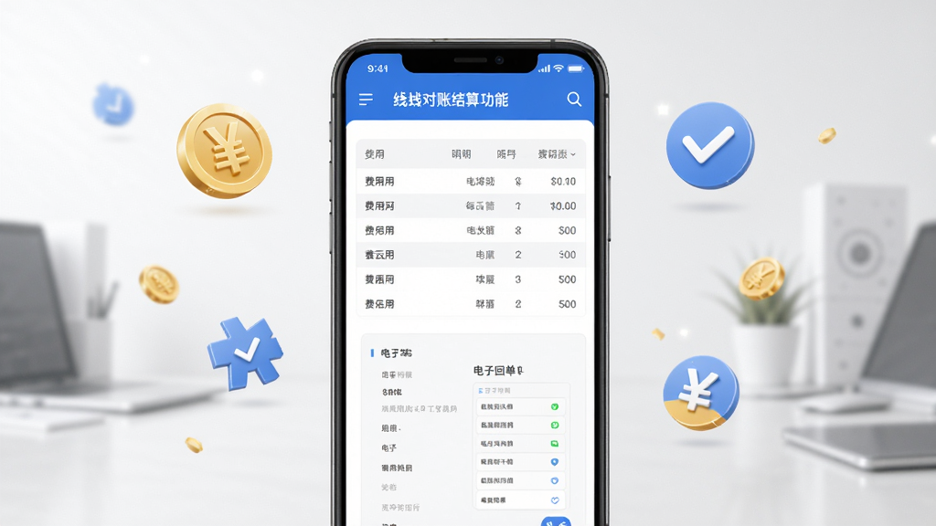 秦岭云商线上对账结算功能界面展示图,画面中央为手机屏幕,屏幕内显示费用明细表格和电子回单缩略图,周围有金币和勾选图标点缀,风格商务简洁,配色以白灰蓝为主,细节清晰,画质干净,无多余元素