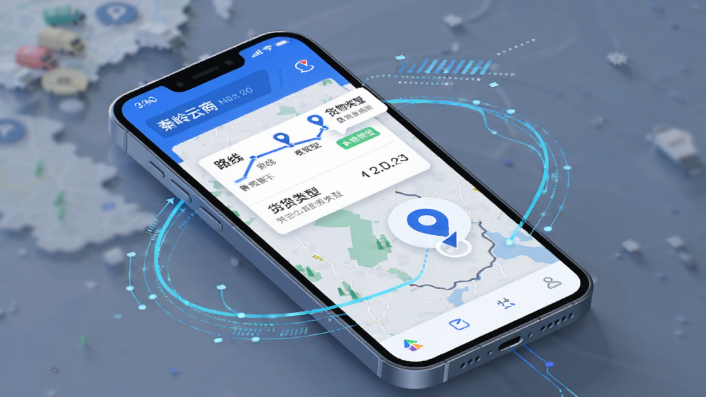 秦岭云商应用内智能车货匹配功能界面示意图,画面以手机屏幕为主体,屏幕内展示货源卡片与地图定位点,卡片上标注路线与货物类型,周围环绕数据连接线条,风格扁平化科技感,配色以蓝色和白色为主,细节清晰,画质干净,无多余元素