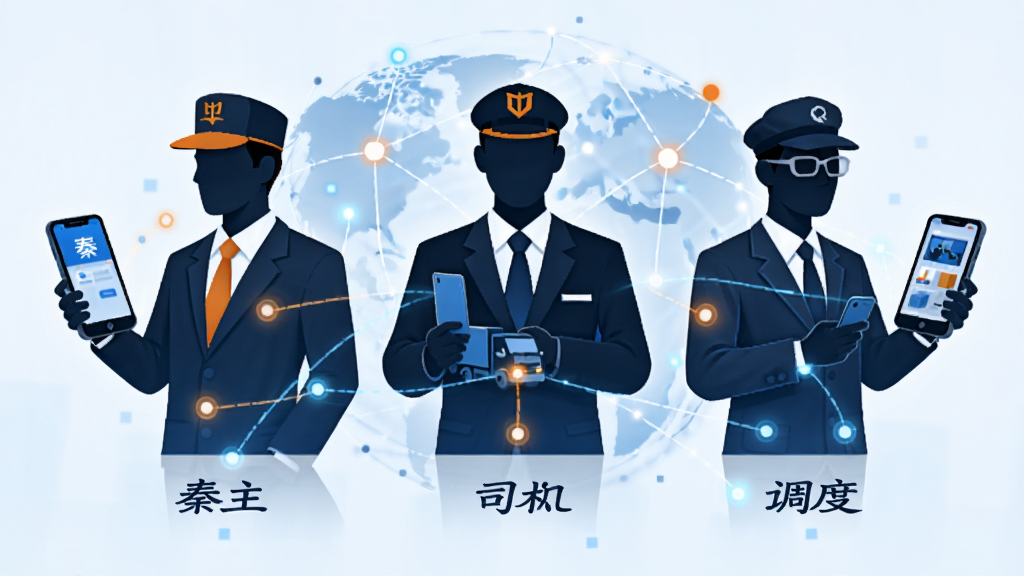 秦岭云商多角色协同管理概念图,画面展示三个不同职业形象的人物剪影分别对应货主、司机和调度员,他们通过手机应用连接在一起,背景为抽象的数据网络,风格现代商务,配色以蓝色和橙色点缀,细节清晰,画质干净,无多余元素
