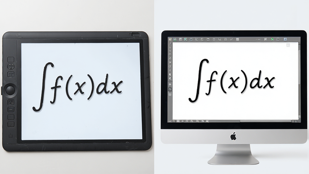 一张展示MathType数学公式编辑器手写识别功能的示意图。画面主体为手写板与屏幕同步显示的场景,左侧手写“∫f(x)dx”,右侧自动生成标准印刷体公式。布局采用左右对比构图,风格为科技教育风,浅色背景,细节清晰,画质干净无多余元素。
