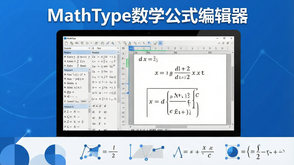 一张展现MathType数学公式编辑器核心全貌的横版宣传图。画面主体为电脑屏幕中打开的软件界面,左侧是分类清晰的公式符号面板,右侧是正在编辑的二次函数与积分公式预览。布局采用居中构图,上方放置软件名称文字“MathType数学公式编辑器”,下方搭配简洁的几何图形与公式符号作为装饰。整体风格为现代科技简约风,蓝白配色,细节清晰,画质干净无多余元素,适合软件下载站展示。