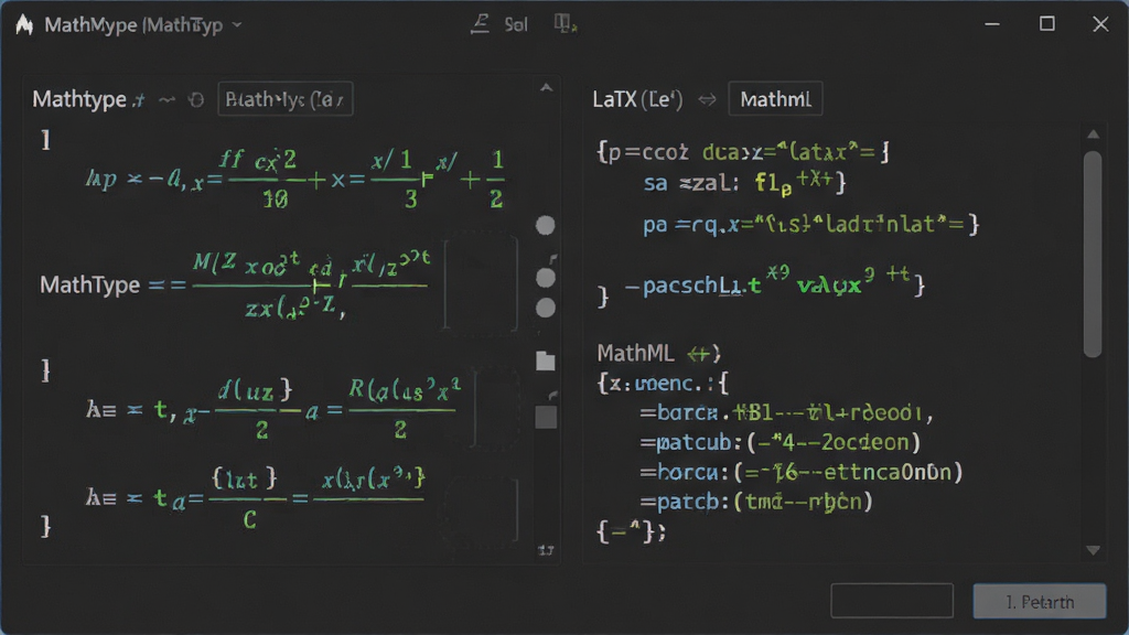 一张展示MathType数学公式编辑器格式转换功能的示意图。画面主体为软件转换对话框,左侧显示MathType公式,右侧显示LaTeX代码与MathML代码。布局采用双栏对称构图,风格为技术简约风,深灰背景搭配亮色代码高亮,画质清晰干净,无多余元素。