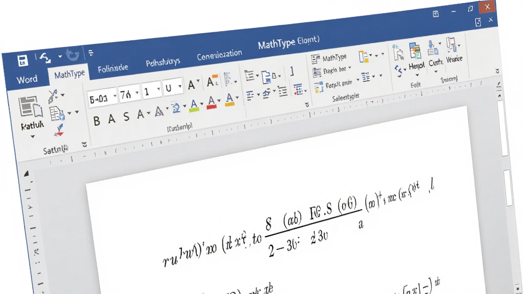 一张展示MathType数学公式编辑器在Word中协同工作的场景图。画面主体为Word文档编辑界面,功能区显示MathType选项卡,文档正文中嵌入了一行复杂的数学公式。布局采用斜侧视角,体现软件与文档的融合感。风格为办公写实风,白色文档背景搭配蓝色工具栏,画质干净,无多余元素。